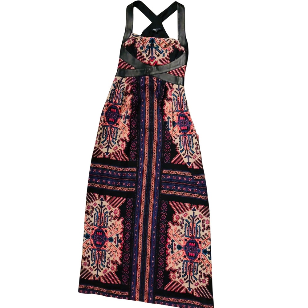 Nanette Lepore Maxi Dress 2 Multi Color Tribal Geometric Leather Trim Boho